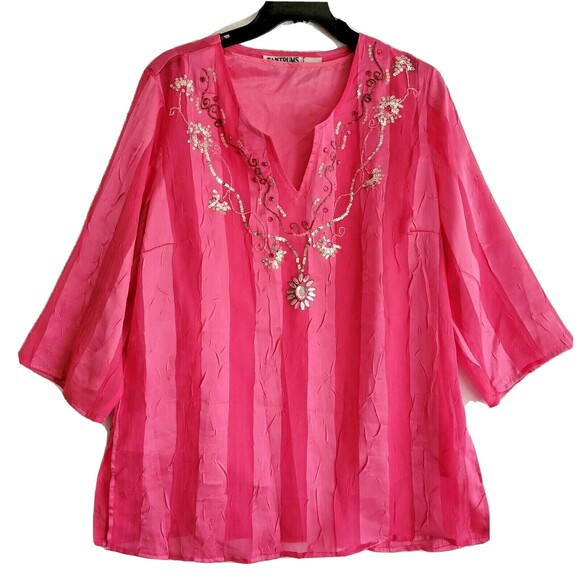 Tantrums Collection Tops - Tantrums Collection Women's Blouse Size Large Pink Beaded Sequin 2 Layers